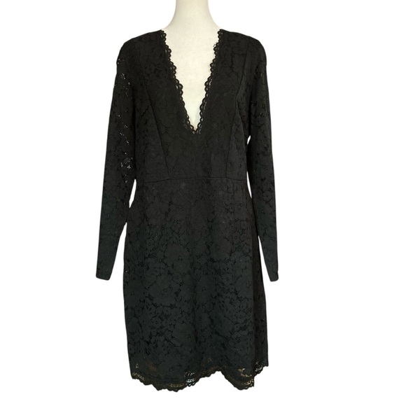 H&M Black Lace Bodycon Deep V-neck Mini Dress Long Sleeves (Size 14) - Picture 2 of 16